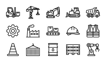 Construction and Industry Icons: Heavy Machinery, Safety Gear, and Logistics Vector Set © Rukaiya