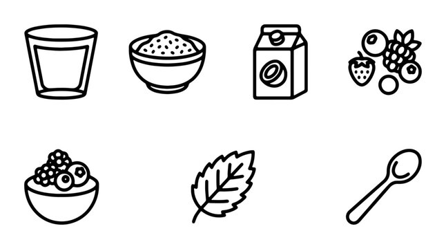 Healthy Breakfast Icons: Berries, Cereal, Milk Carton, Glass, Spoon, Mint Leaf