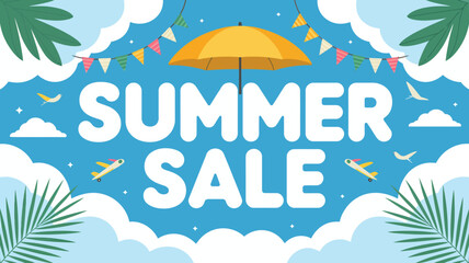 Obraz premium summer sale banner with colorful umbrella clouds palm leaves airplane flags blue sky vector illustration promotion seasonal shopping discount festive travel