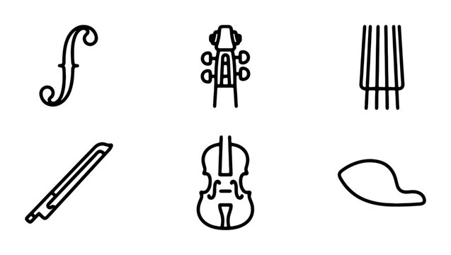 Violin Parts Icons Set, Musical Instrument Elements, String Orchestra Symbols, Classical Music Vector Graphics