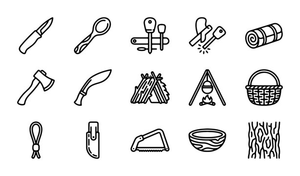 Outdoor Survival Gear Icons, Camping Equipment Vector Set, Wilderness Adventure Tools Collection