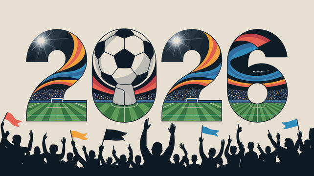 2026 soccer ball typography poster football sports vector illustration design event celebration fan crowd flag match tournament goal field graphic art