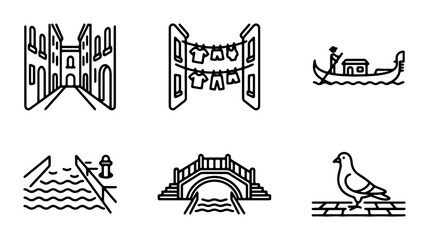 Venice Icons Set: Gondola, Bridge, Buildings, Laundry, Pigeon, Canal Vector Art © Purnima