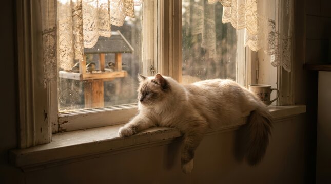 Fluffy ragdoll cat rests on a rustic wooden windowsill watching garden birds in warm golden light creative design image