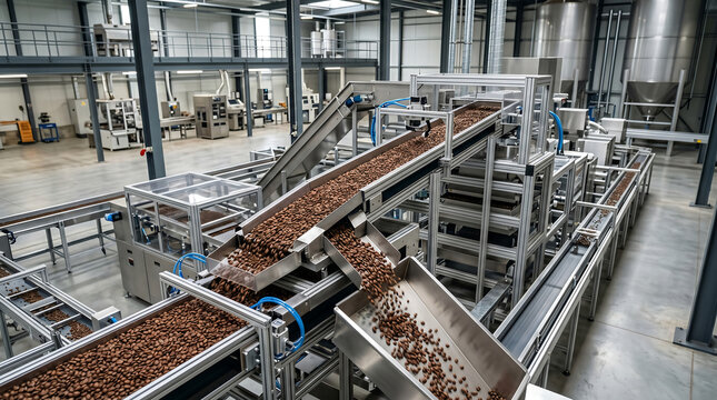 Coffee beans are being sorted on a conveyor belt in a factory warehouse.