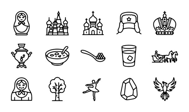Russian Culture Icons: Matryoshka, Kremlin, Ballet, Samovar, Ushanka Hat, Symbols