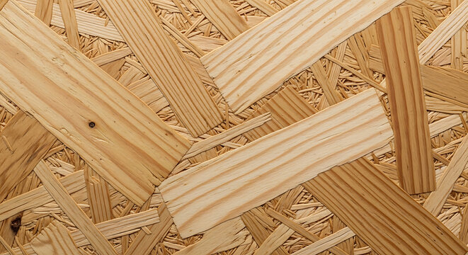 Detailed CloseUp of Oriented Strand Board OSB Texture showing Compressed Wood Flakes and Chips for Construction Material and Interior Design