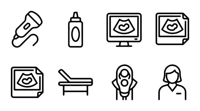 Medical Ultrasound Icons Set, Pregnancy Scan Graphics, Healthcare Technology Vector Collection