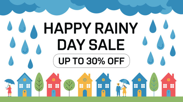 happy rainy day sale vector illustration banner houses umbrellas clouds colorful discount promotion shopping retail seasonal weather people cartoon flat design