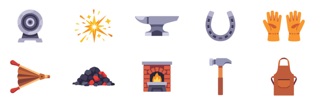 Set of blacksmith and forge workshop equipment icons with anvil, hammer, bellows, coal, sparks, horseshoe, apron, gloves, grinding wheel, and metalworking design, colorful collection with illustration