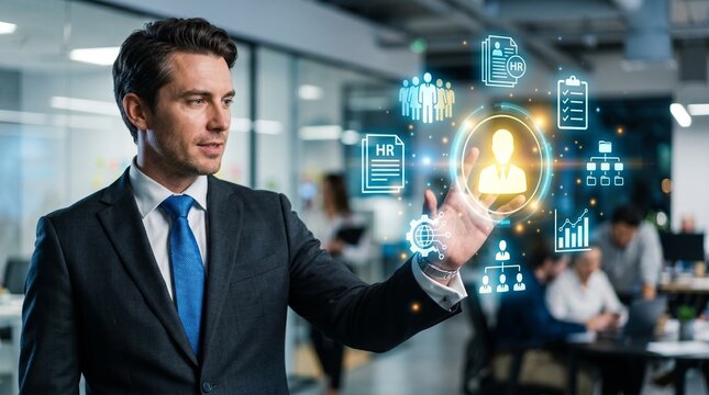 Human resources technology concept executive interacting with digital hr interface
