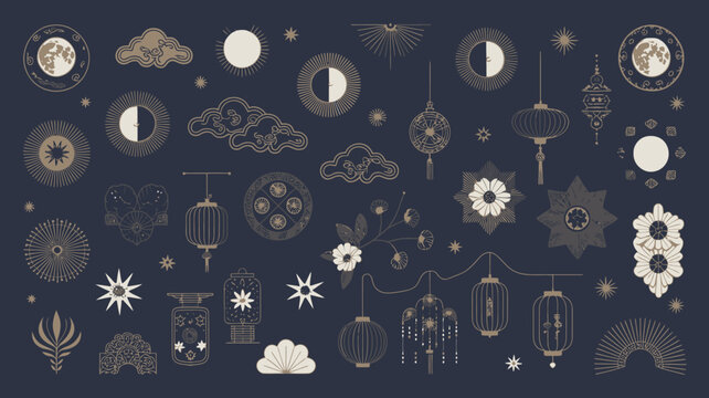 astronomical symbols and lanterns vector moon stars clouds flowers fan pattern illustration design icon ornament decorative celestial night sky festival tradition