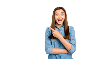 Look black friday bargain! Portrait of impressed positive cheerful girl see promo scream wow omg...