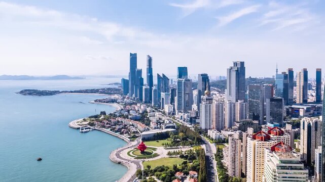 Timelapse of the coastline of May Fushan Bay and Skycrapers in Qingdao, Shandong Province, China