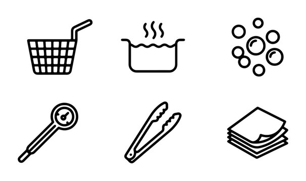 Deep Fryer Icons Set, Cooking Tools Vector Graphics, Kitchen Equipment Line Art
