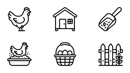 Farm Icons: Chicken Coop, Hen, Eggs, Feed Scoop, Fence, Vector Graphics for Agriculture © Farzana