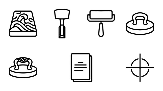 Printmaking Tools Vector Icons: Engraving, Roller, Stamp, Press, Paper, Target