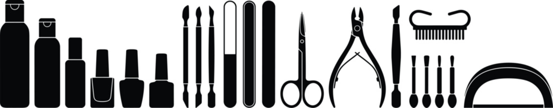 Manicure tools silhouette vector set with nail polish bottles files scissors clippers nippers cuticle pushers brush and uv led lamp icons for beauty salon design