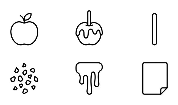 Apple Icons: Fresh Fruit, Candy Apple, Crumble, Drizzle, Stick, Paper; Simple Line Art Food Symbols
