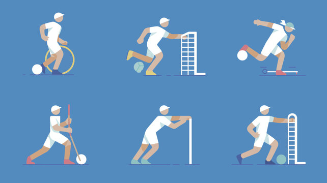 minimal flat player icons in action poses design vector illustration sports activity motion figure human character blue background simple graphic element