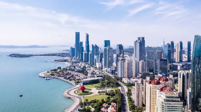 Timelapse of the coastline of May Fushan Bay and Skycrapers in Qingdao, Shandong Province, China