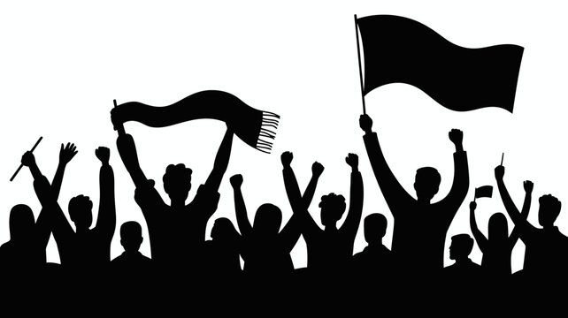 crowd silhouette on white background people flag scarf black cheering celebration event gathering unity enthusiasm monochrome graphic illustration vector icon symbol