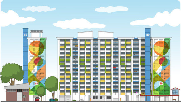 Stylized Singapore public flats feature colorful, overlapping geometric murals and green‑yellow balcony panels beneath a bright, clear sky.