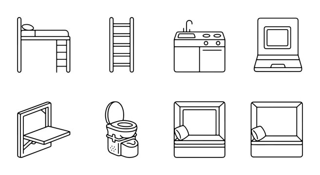 Tiny Home Furniture Icons, Compact Living Essentials, Space Saving Design, Vector Set