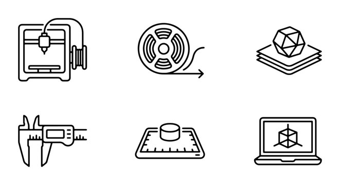 3D Printing Icons Set: Technology, Manufacturing, Innovation, Digital Design, Engineering Tools