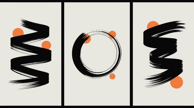 abstract brush strokes on beige background orange dots circle triptych artwork modern graphic design pattern minimalist contemporary visual composition aesthetic decorative