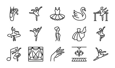 Ballet Icons Set, Elegant Dance Poses, Tutu, Swan, Pointe Shoes, Vector Graphics © Selim