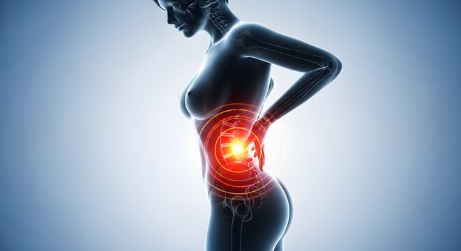 Silhouette of human body in intense lower back pain with red glowing circular illustration. Great for medical and healthrelated designs.