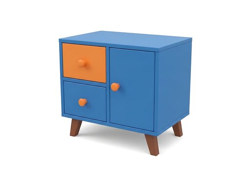 Modern blue side table with orange drawer knobs