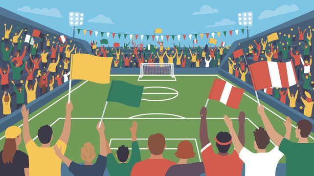 football crowd waving flags vector illustration fans spectators sports event stadium match game team supporters cheering celebration energy excitement competition tournament