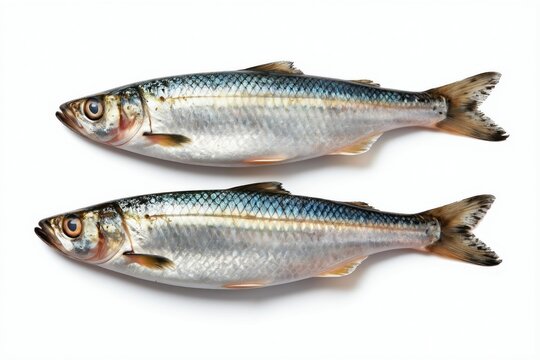 Two fresh Pacific herring fish rest on white surface with soft shadow. Small silver bodies blue-green scales, clear eyes, forked tails. Ideal for seafood menus cookbook illustration marine biology