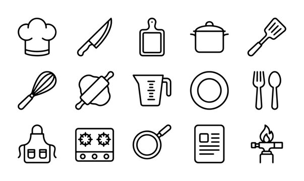 Kitchen Utensil Icons Set, Cooking Tools Vector Graphics, Culinary Equipment Line Art Collection