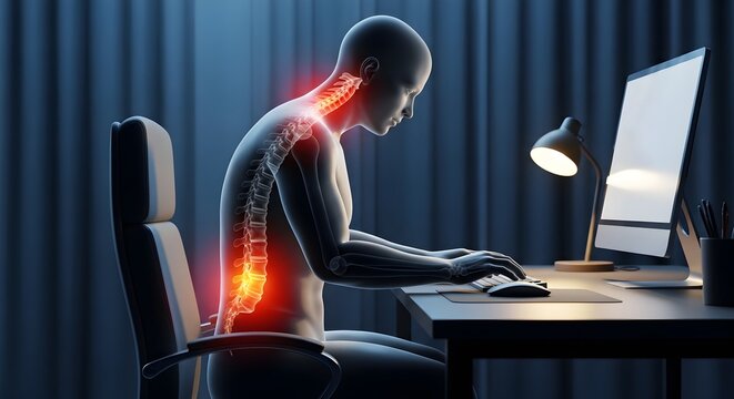 Person experiencing neck and back pain from computer use, suitable for health blogs, ergonomic websites, and medical brochures.