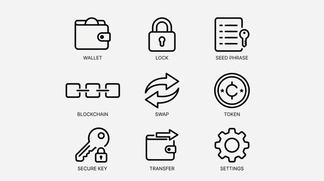 Comprehensive set of cryptocurrency wallet and security icons featuring wallet, lock, seed phrase, blockchain, swap, token, secure key, transfer, and settings.