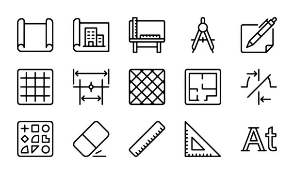 Architecture Icons Set, Blueprint Tools, Drafting Symbols, Engineering Graphics, Vector Elements