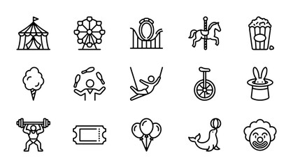 Circus Icons Set, Carnival Vector Graphics, Amusement Park Symbols, Entertainment Line Art Collection © Delwar