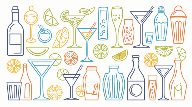 drinks and citrus slices line art illustration vector beverages cocktails juice wine beer martini glass bottle lemon orange lime pattern graphic