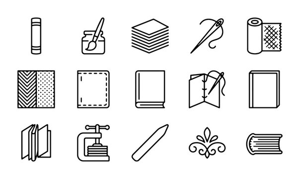 Bookbinding Icons Set, Crafting Tools Vector Graphics, Handmade Book Creation Elements