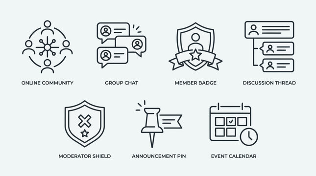 Online community, group chat, member badge, discussion thread, moderator shield, announcement pin, event calendar icons for social platforms and communication apps, vector graphics.