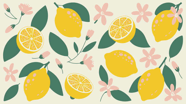 lemon floral pattern flat illustration fruit flower design citrus botanical yellow green pink nature food summer fresh graphic element background decorative