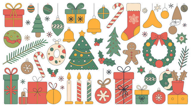 holiday ornaments vector illustration christmas tree gifts candles wreath gingerbread stocking bell candy cane bow star snowflake holly present festival seasonal