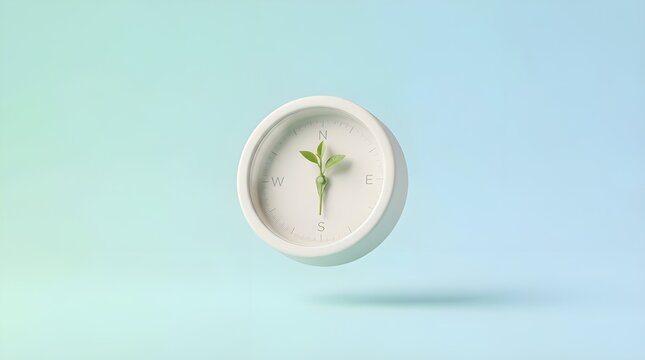 A simple white clock with a small green sprout growing out of the center, symbolizing growth and new beginnings