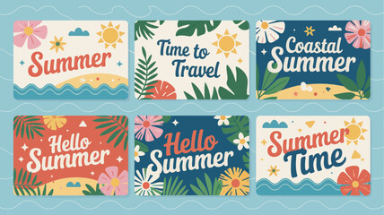 summer themed cards vector illustration seasonal travel coastal hello time flowers sun beach vacation holiday tropical leaves pattern background design graphic © Ultimate