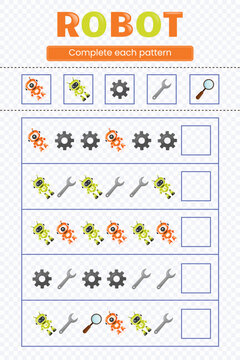 Educational game for kids. Robot theme. Educational matherials.Complete each pattern. Cut and glue the missing elements  Educational mathematical game with robots.Vector illustration.