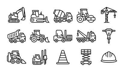 Construction Equipment Icons: Heavy Machinery, Vehicles, Tools, Vector Set © Delwar