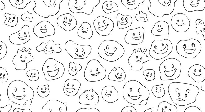 A seamless pattern of hand drawn happy face doodles in black and white